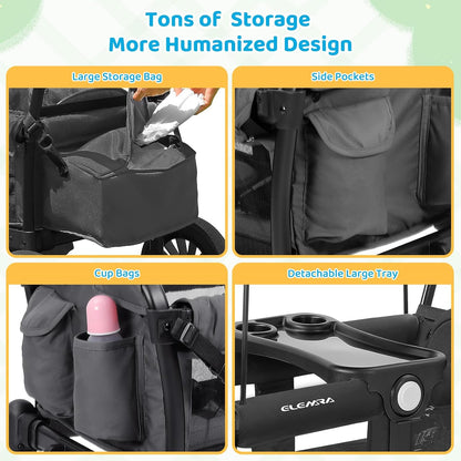 ELEMARA Stroller Wagon, 2 Seat Stroller for 2 Kids, Premium All Terrain Stroller for Kids w/Removable Canopy, Adjustable Push/Pull Handle, Large Storage Bag, Black