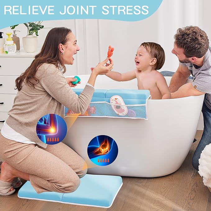 Baby Bath Kneeler and Elbow Rest Pad Set, Thick Soft Quick Dry Bathtub Mat with Toys Organizer, Blue