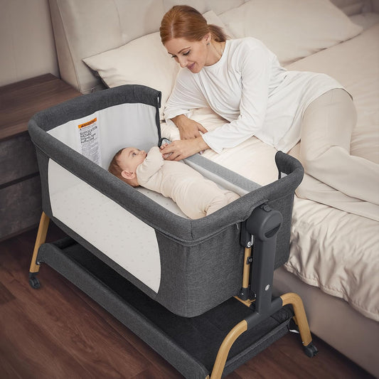 ANGELBLISS 3 in 1 Baby Bassinet, Rocking Bassinets Bedside Sleeper with Comfy Mattress and Wheels, 6 Height Adjustable Easy Folding Portable Bedside Crib for Newborn Infant (Khaki)