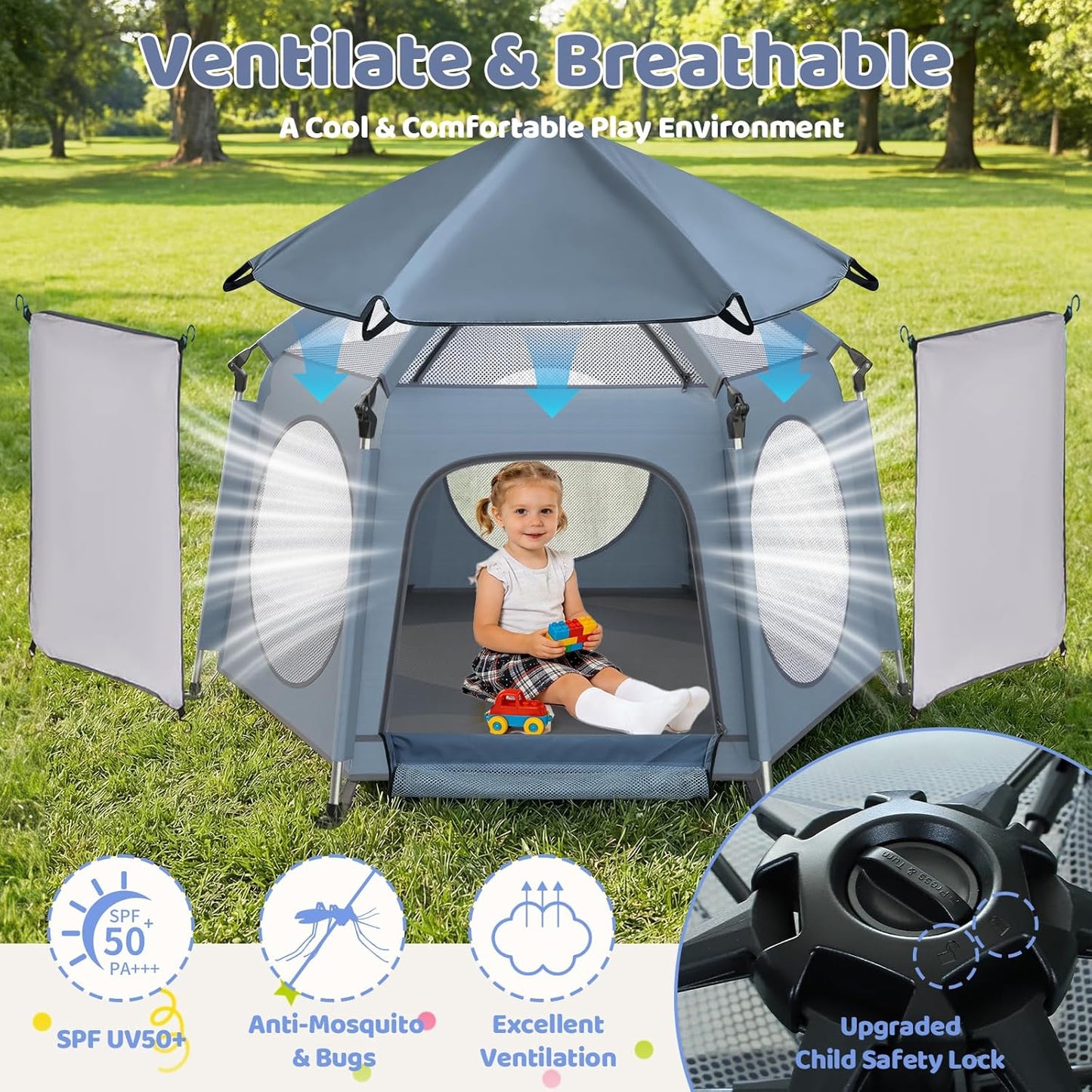 Pop Up Playpen for Baby - Instant Setup Portable Playard with UV Canopy & Mosquito Net - Indoor Outdoor Travel Crib with Carry Bag Grey