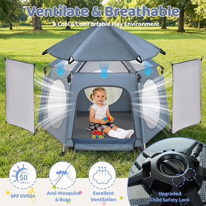 Pop Up Playpen for Baby - Instant Setup Portable Playard with UV Canopy & Mosquito Net - Indoor Outdoor Travel Crib with Carry Bag Grey