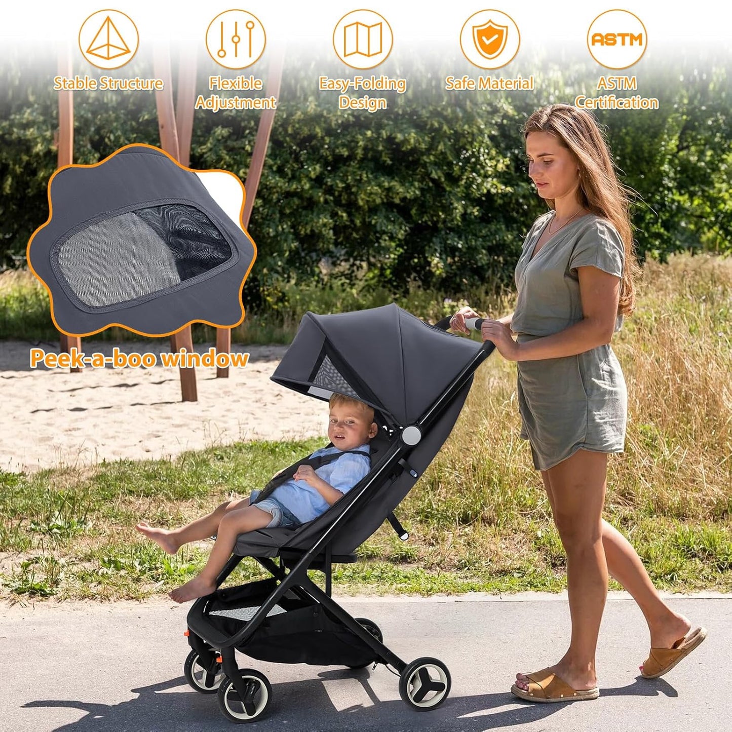 Lightweight Baby Stroller, Compact One-Hand Fold Travel Stroller Airplane Friendly, Reclining Infant Stroller with 5-Point Harness & Adjustable Canopy, All-Terrain Stroller for Toddlers 6-36 Months