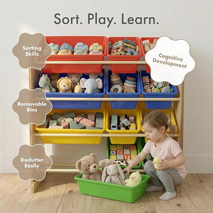 Humble Crew, Natural/Primary Kids' Toy Storage Organizer with 12 Plastic Bins, 34*35*15.5inch