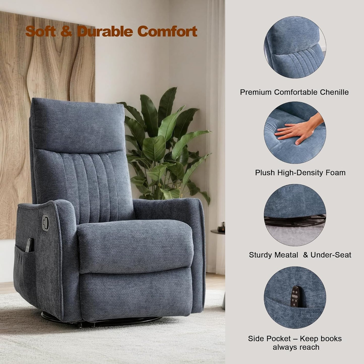 Casaphoria 360° Swivel Rocking Recliner Chair with Heat and Massage Upholstered Fabric Nursery Glider with Side Pocket for Living Room,Bedroom,Home Theater and RV Small Space(Light Gray)
