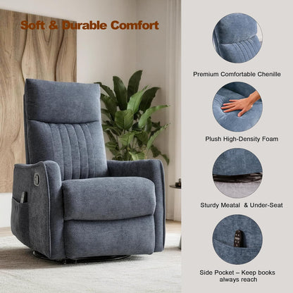 Casaphoria 360° Swivel Rocking Recliner Chair with Heat and Massage Upholstered Fabric Nursery Glider with Side Pocket for Living Room,Bedroom,Home Theater and RV Small Space(Light Gray)