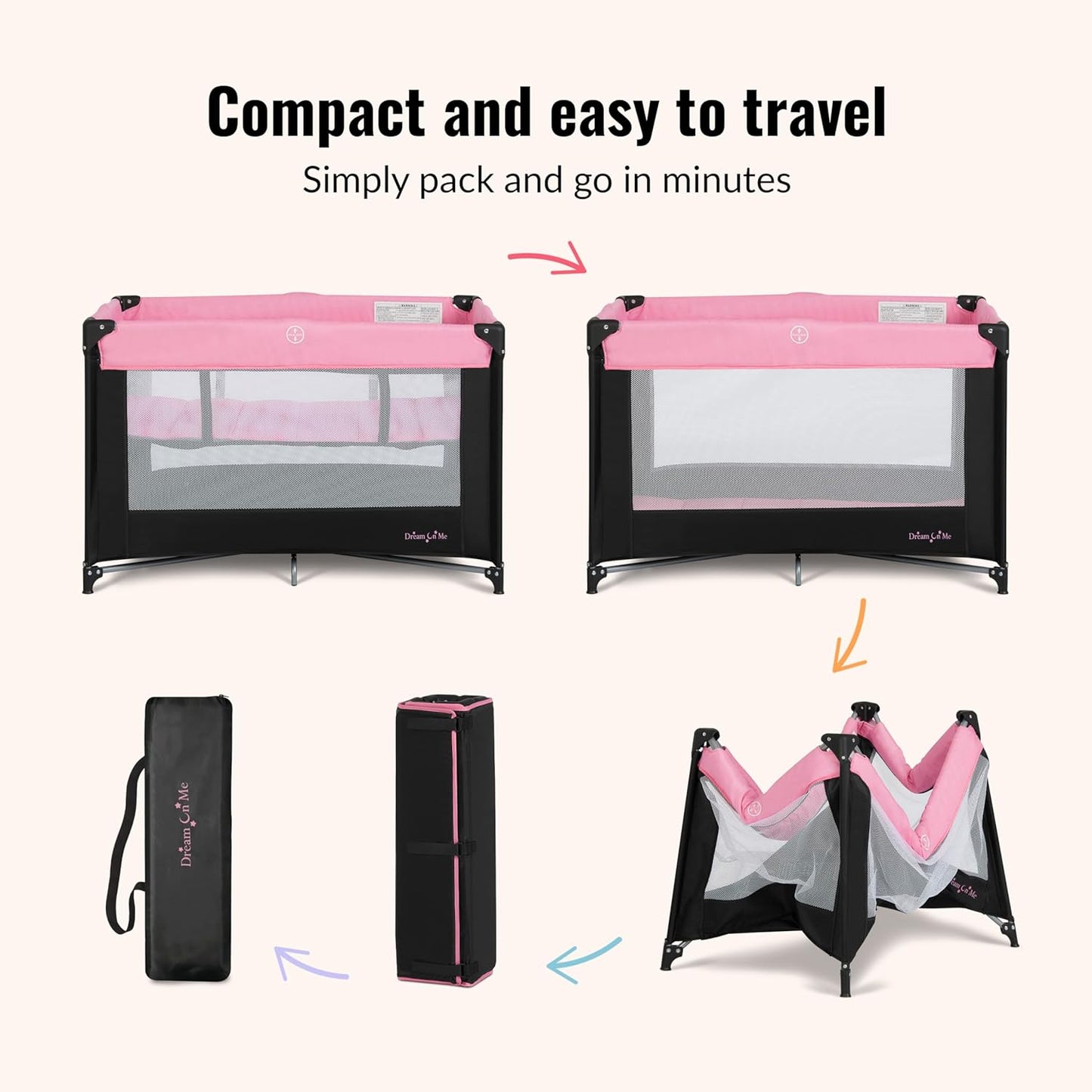Dream On Me Zazzy Portable Playard with Bassinet in Black, Lightweight Packable and Easy Setup Baby Playard with Mattress and Travel Bag