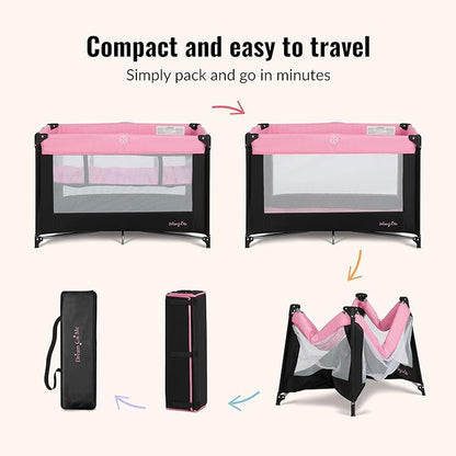 Dream On Me Zazzy Portable Playard with Bassinet - 360° Mesh Visibility, Quick Folding Travel Friendly Design, Carry Bag and Foldable Mattress Pad Included, Compact and Lightweight - Pink