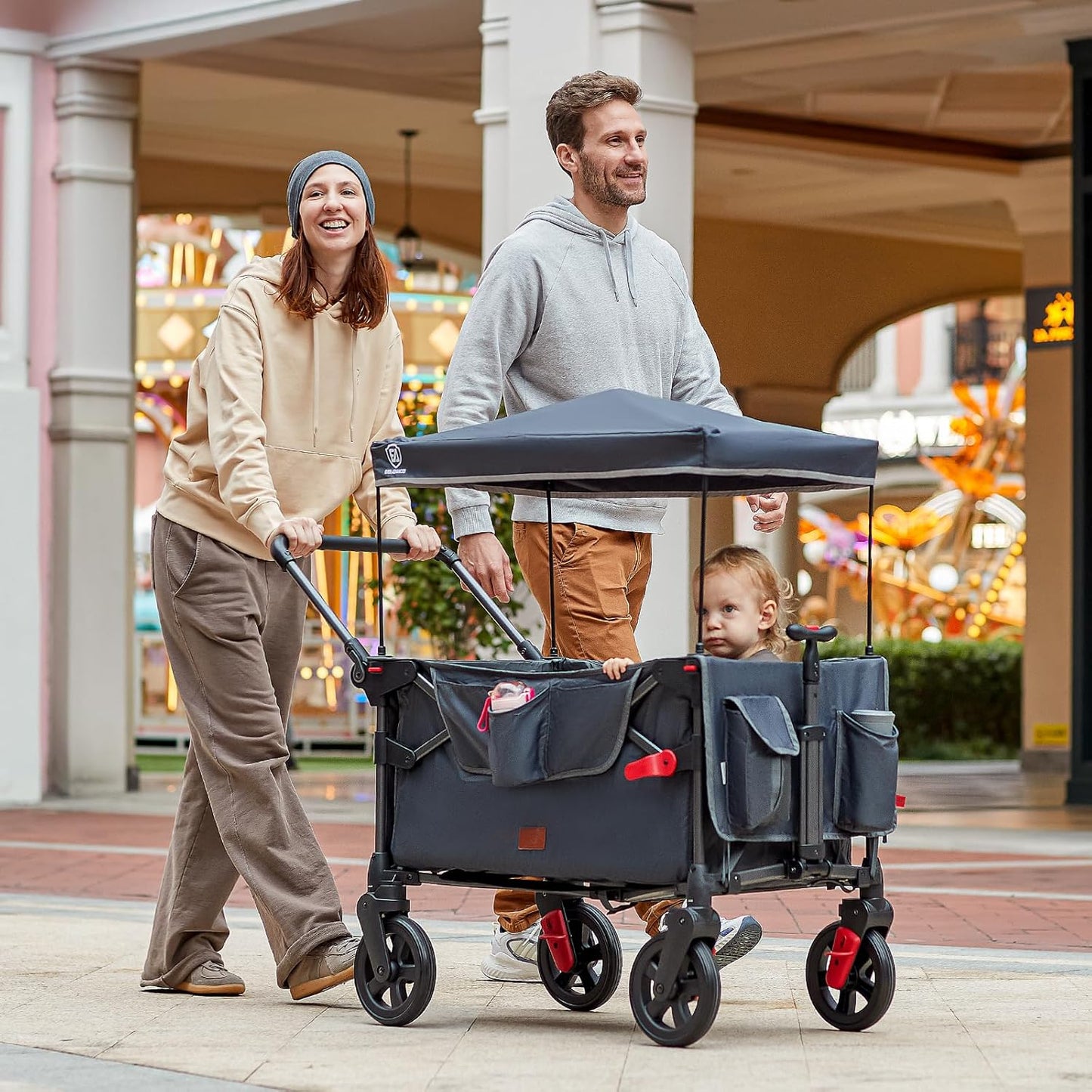 EVER ADVANCED Wagon Stroller for 2 Kids, Compact One-Step Fold Stroller Wagon with Adjustable Push/Pull Handles, Folding Wagon for Travel, Park & Beach, Includes Removable UV Canopy, Blue
