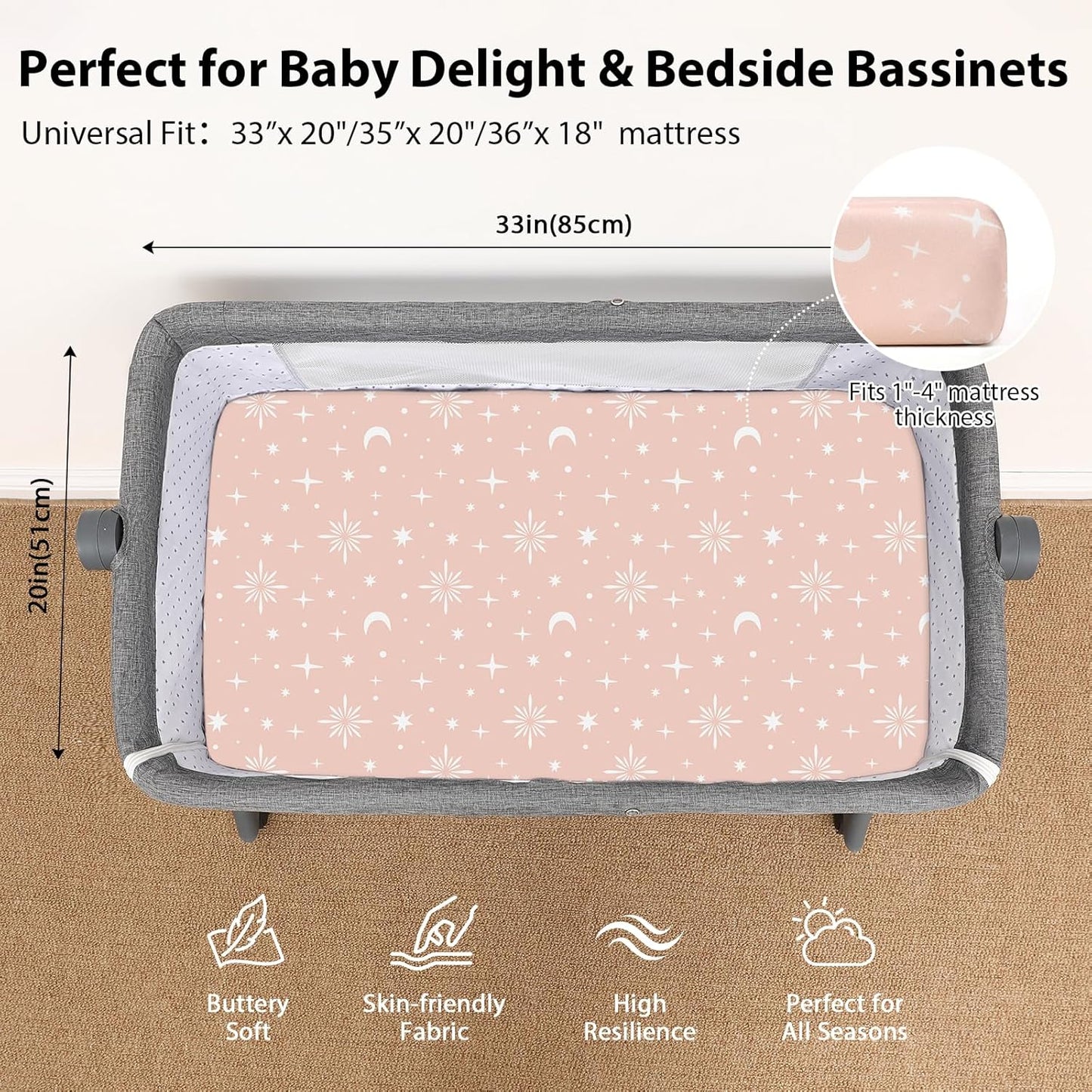 Baby Bedside Bassinet Sheets Girl, 33”x20” Compatible with Baby Delight Dream On Me & Most Rectangle Bedside Sleeper Bassinet Mattress, Super Soft Microfiber Pink Butterfly Flower