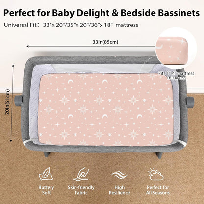 Baby Bedside Bassinet Sheets Girl, 33”x20” Compatible with Baby Delight Dream On Me & Most Rectangle Bedside Sleeper Bassinet Mattress, Super Soft Microfiber Pink Butterfly Flower