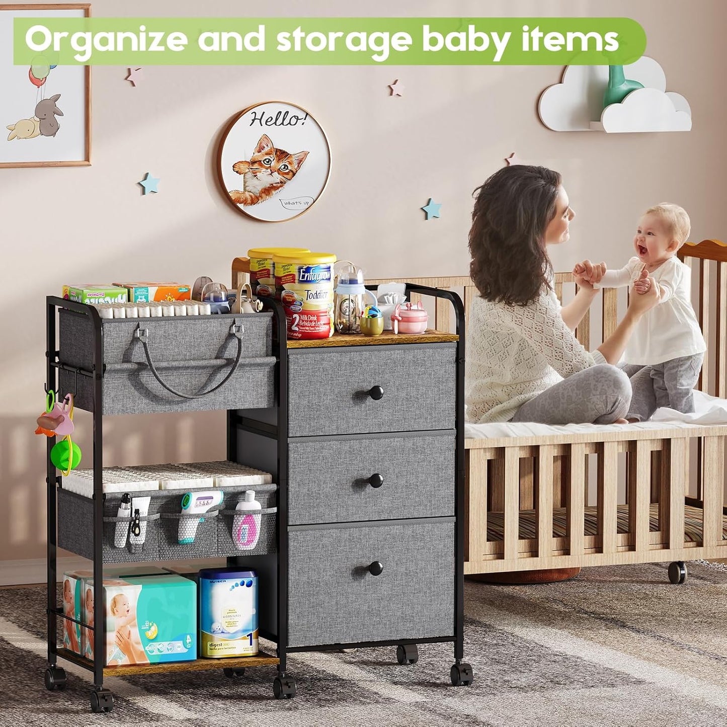 Cidaziya 2In1 Baby Diaper Caddy Organizer and Storage, 3 Tier Rolling Cart with Drawer, Mobile Utility Cart Baby Dresser Clothes Organizer for Crib, Art & Craft Storage, White, 17"W x 11.42"D x 33.5"H