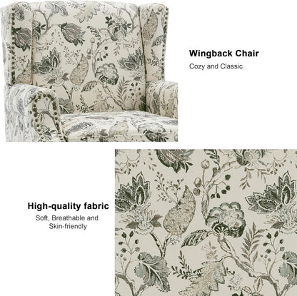 Swivel Rocker Recliner Chair, Manual Nursery Glider Recliner, Floral Fabric Wingback Accent Chair with Adjustable Backrest & Footrest for Small Spaces Living Room Bedroom (Plants Floral, Set of 1)