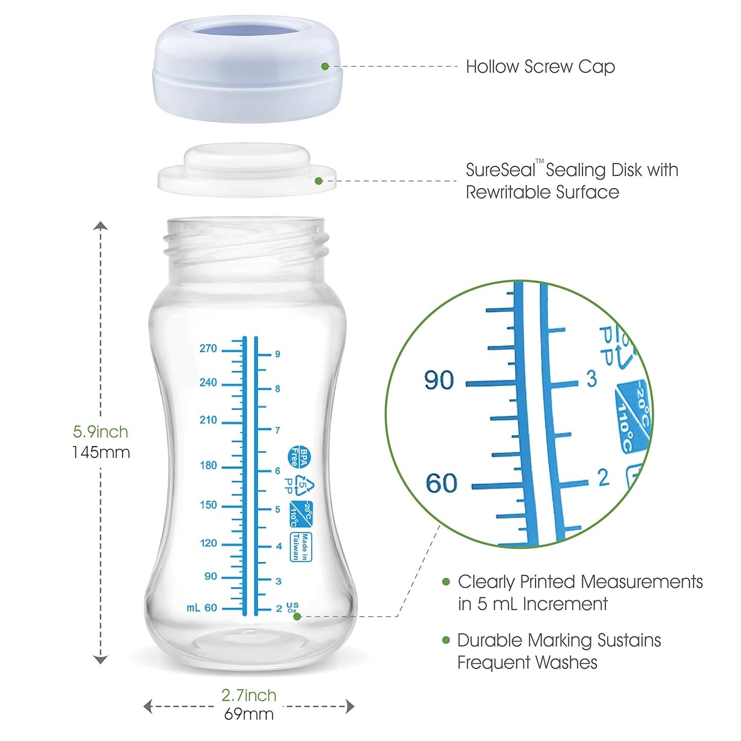 Maymom Wide-Mouth Milk Storage Feeding Collection Bottle with Nipple, Dome Cap, Bottle Top, SureSeal Sealing Disk; Compatible with Spectra Pump/Motif Luna; 5 pc (4.7Oz/140mL)