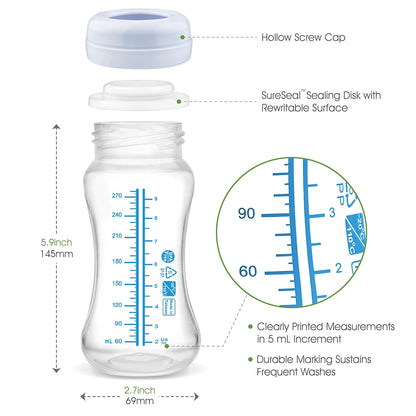 Maymom Wide-Mouth Milk Storage Feeding Collection Bottle with Nipple, Dome Cap, Bottle Top, SureSeal Sealing Disk; Compatible with Spectra Pump/Motif Luna; 5 pc (4.7Oz/140mL)