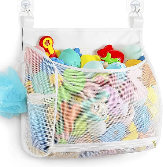 Ligereza Baby Mesh Bath Toy Organizer, Multiple Ways to Hang, Ultra Large Capacity & Large Opening, Bathroom Toy Holder, Bath Toy Storage Bag With 2 Side Pockets (White)