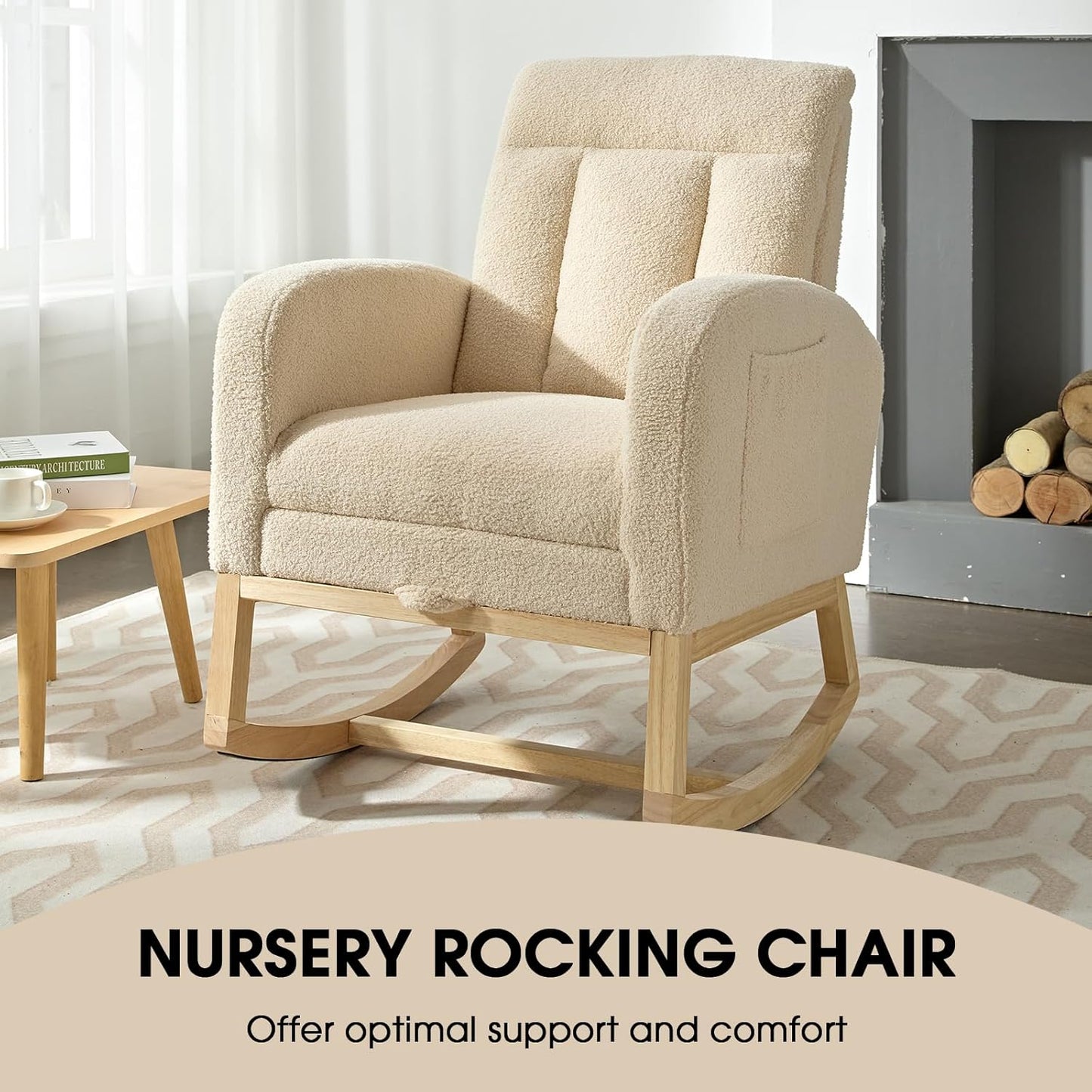 NIOIIKIT Modern Nursery Rocking Chair, Teddy Upholstered Rocking Chair with Footrest, Comfortable Rocker Recliner with Side Pocket, Rocker Glider for Living Room, Bedroom, Nursing Room (Apricot)