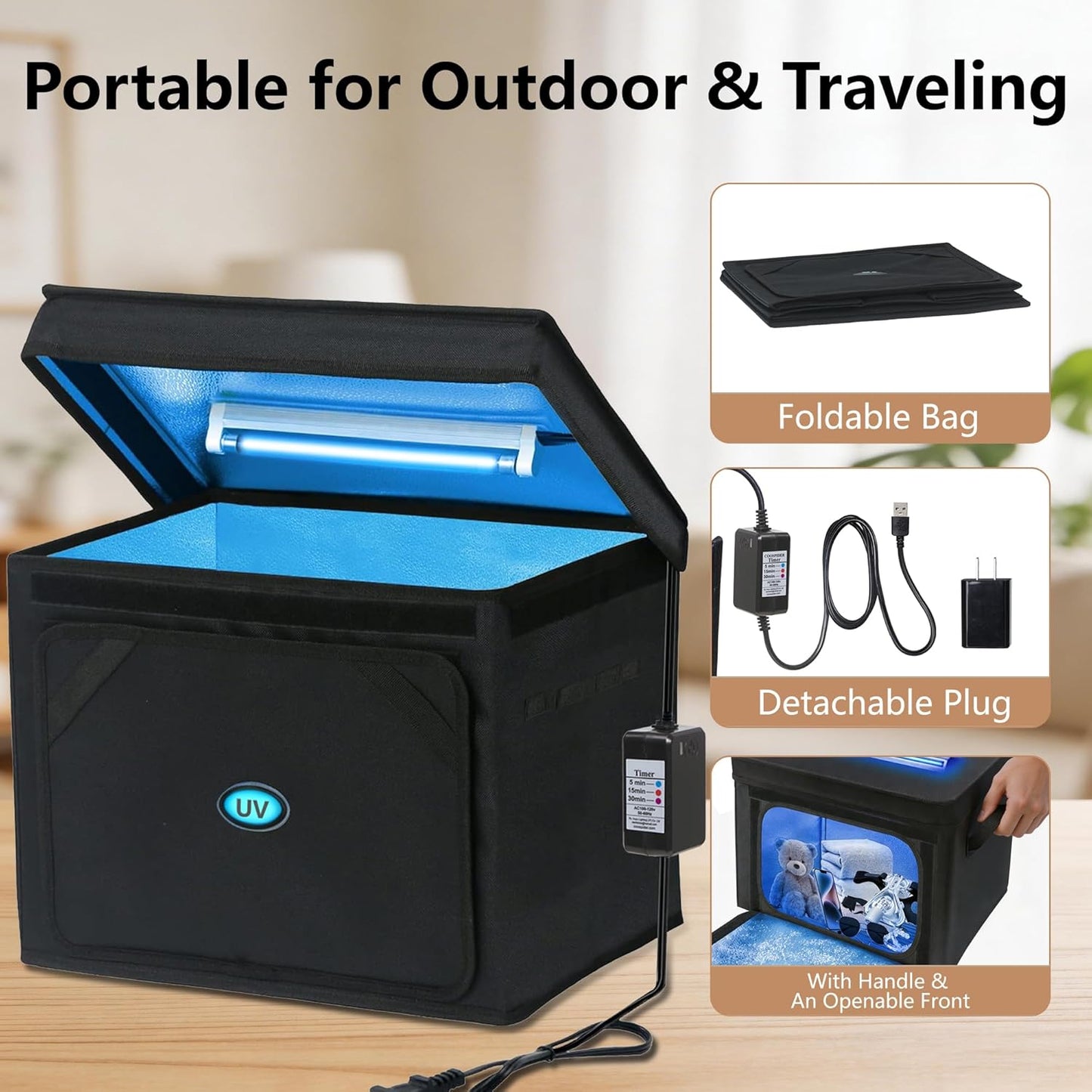 UV Sanitizer Box, 12L Portable Sanitizing and Cleaning Machine with 3-Level Timer, Foldable UV Cleaner Box for Toys, Mask, Towel, Key, UV Cleaning Machine Ozone Free