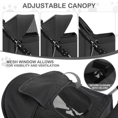 MoNiBloom Foldable Pet Stroller with Weather Cover, 3 Wheels Pet Strolling Cart for Small/Medium Dogs and Cats with Storage Basket and Cup Holder, Breathable and Visible Mesh for All-Season, Black