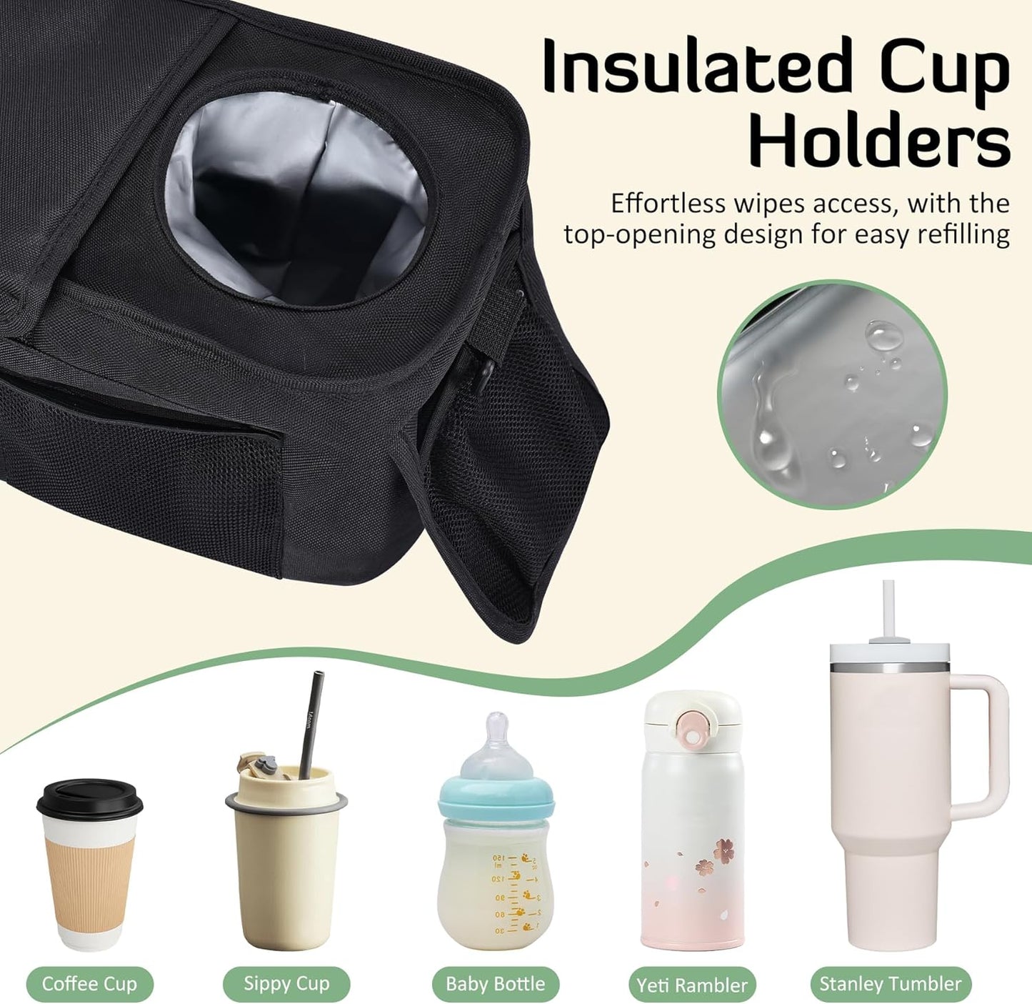 INFANZIA Universal Adjustable Stroller Organizer with Insulated Cup Holders, Phone Bag & Detachable Shoulder Strap, Fits Uppababy, Doona, Britax, Jogging Strollers and Most Baby Strollers (Black)