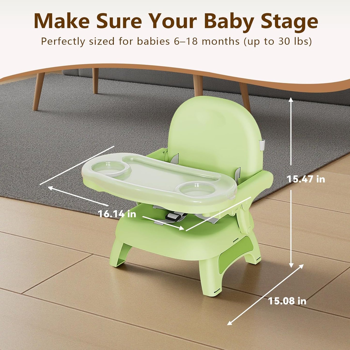 Booster Seat for Kitchen Chair, 3-in-1 Foldable & Portable Booster Seat with Tray, Extra Dishwasher-Safe Tray, Safety Straps for 6–18M (Up to 30 lbs), for Dining Table, Travel & Camping, Gray