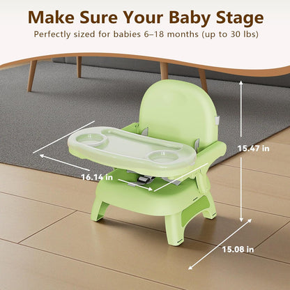 Booster Seat for Kitchen Chair, 3-in-1 Foldable & Portable Booster Seat with Tray, Extra Dishwasher-Safe Tray, Safety Straps for 6–18M (Up to 30 lbs), for Dining Table, Travel & Camping, Gray