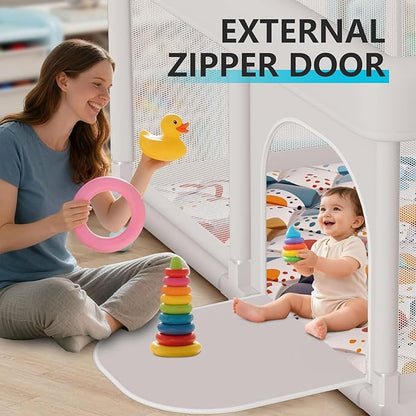 Baby Playpen 74"x50" Play Pens for Babies and Toddlers, Large Play Yards for Indoor & Outdoor with Zipper Gates, Breathable Mesh with Mat