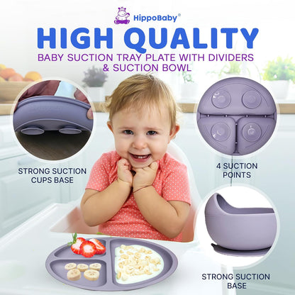 HippoBaby Baby Led Weaning Supplies | 10 Piece Silicone Baby Feeding Set | Baby Toddler Bib Cup Divided Plate and Bowl Self Feeding Spoons Dish Set | Baby Utensils | Toddler Feeding Supplies (Sky)