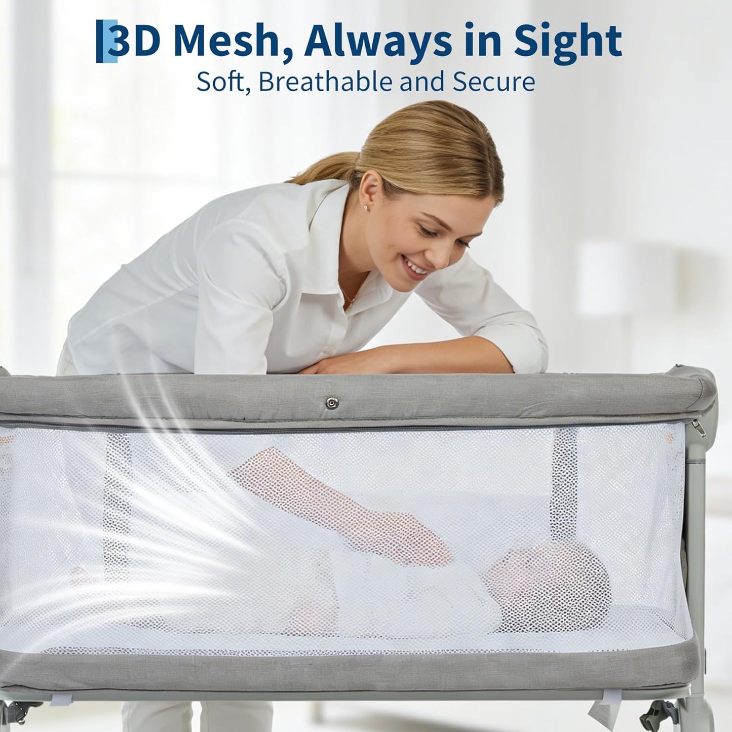 Baby Bassinet, 3-in-1 Portable Bedside Sleeper for Newborn All Mesh Sides Breathable with 6 Height Adjustments, 1-7° Anti-Reflux Incline, Detachable Mosquito Net, Storage Basket & 360° Lockable Wheels