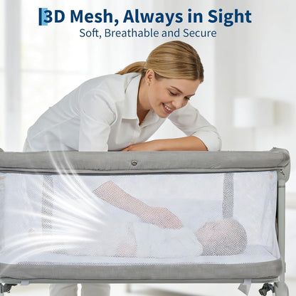 Baby Bassinet, 3-in-1 Portable Bedside Sleeper for Newborn All Mesh Sides Breathable with 6 Height Adjustments, 1-7° Anti-Reflux Incline, Detachable Mosquito Net, Storage Basket & 360° Lockable Wheels