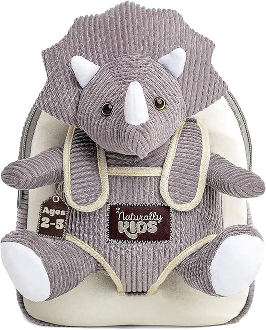 Naturally KIDS Small Dinosaur Backpack - Triceratops Dinosaur Toys for Kids 3-5 - Toddler Backpack for Boys & Girls - Grey Plush Stuffed Animal