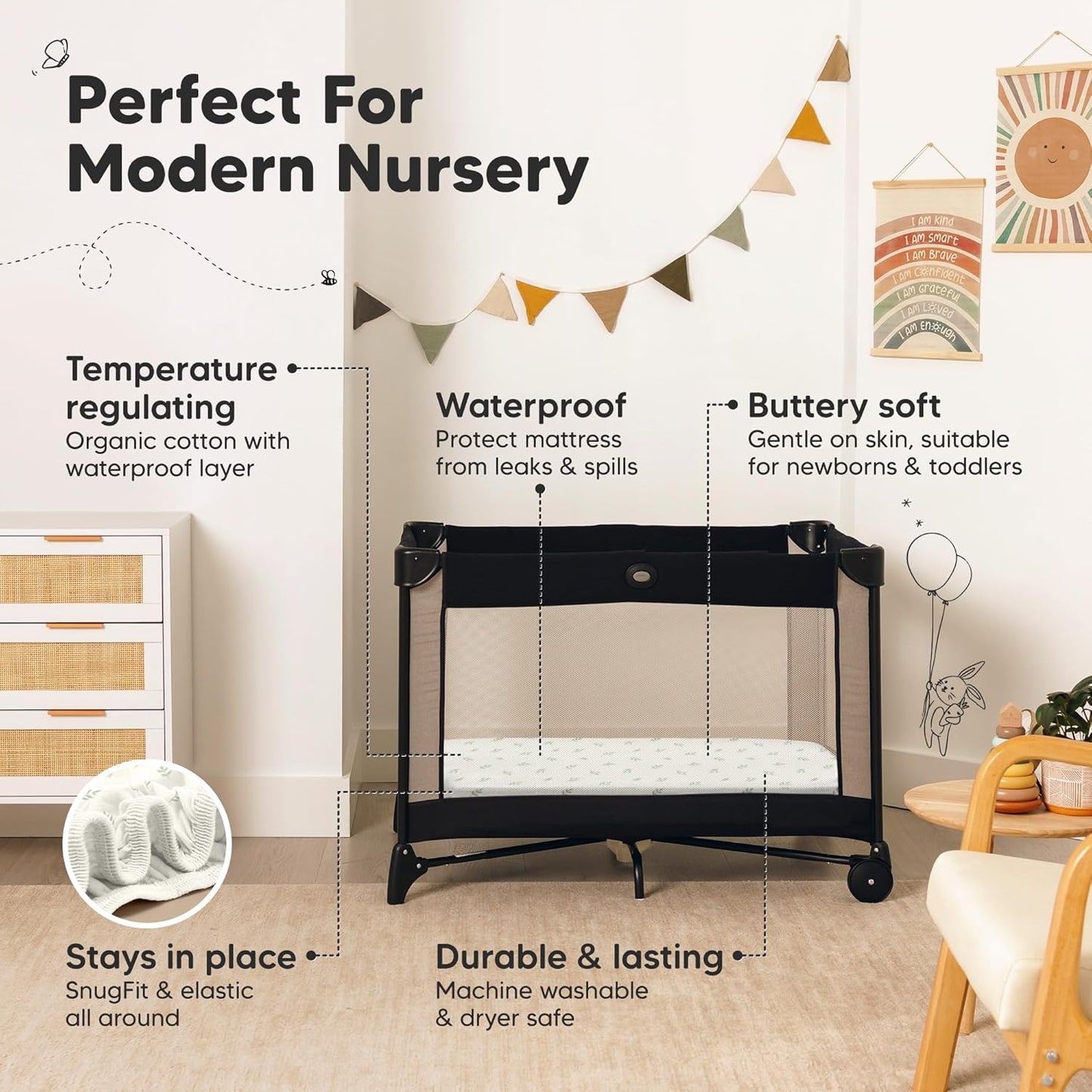 2 Pack and Play Sheets, Waterproof Mini Crib Sheets Fitted - 38x26 Organic Cotton Pack N Play Sheets for Graco Pack and Play Mattress, Playard Baby Crib Sheets,Neutral for Boy,Girl,Toddler(KeaSafari)