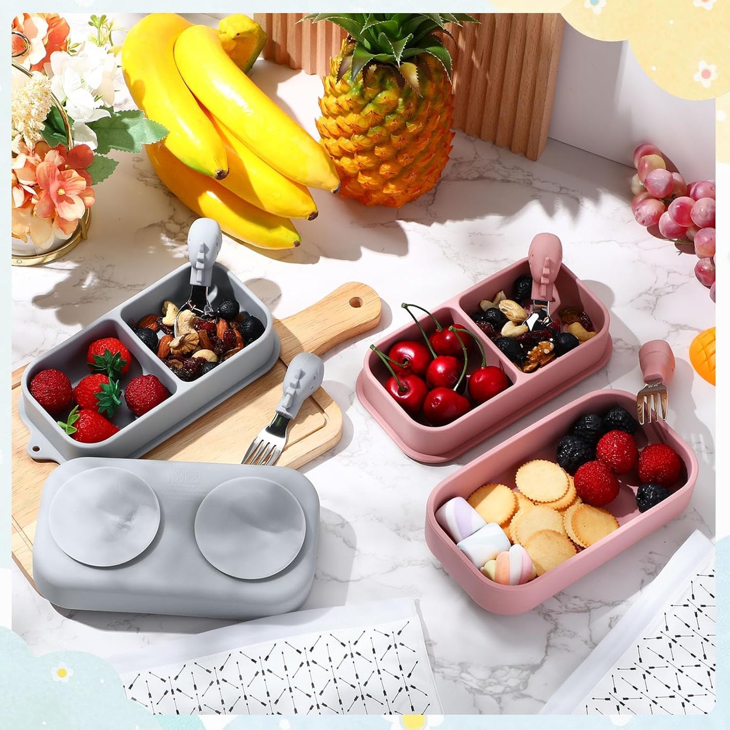 Uiifan 2 Pack Baby Suction Plate Set Silicone Suction Plate with Lid Divided Bowls for Portable Toddler Utensils Compact for Self Feeding Baby Travel Essential(Blue, Sage Green)