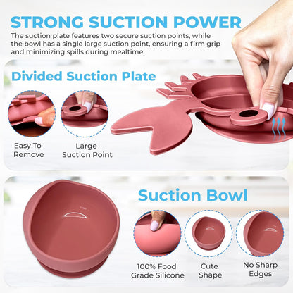 Silicone Baby Feeding Set - 9 Pieces - First Stage Solid Food Eating Baby Utensils - 6+ Months - Crab Shape