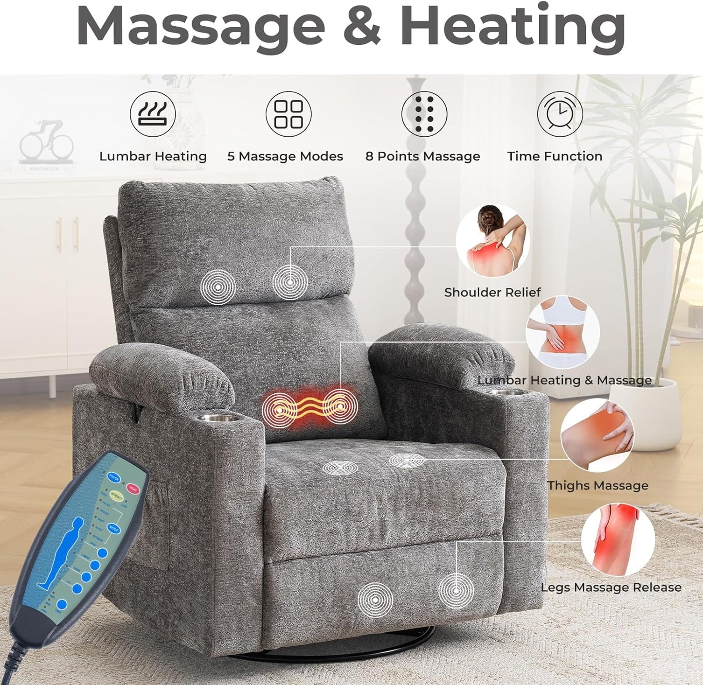 Rocking Chair Nursery with Adjustable Armrests, Electric Glider Recliner Nursing Chair for Breastfeeding, Power Swivel Recliner Chairs with Massage and Heat, Adjustable Headrest , FSC Certified, White
