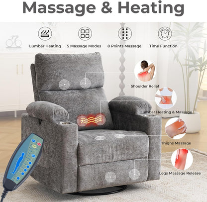 Rocking Chair Nursery with Adjustable Armrests, Electric Glider Recliner Nursing Chair for Breastfeeding, Power Swivel Recliner Chairs with Massage and Heat, Adjustable Headrest , FSC Certified, White