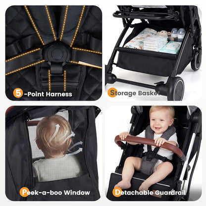 INFANS Travel Stroller, Lightweight Compact Baby Stroller for Airplane with One-Hand Fold, Multi-Position Recline, Canopy, 4 Wheel Suspension, Storage Basket (Grey+Black)