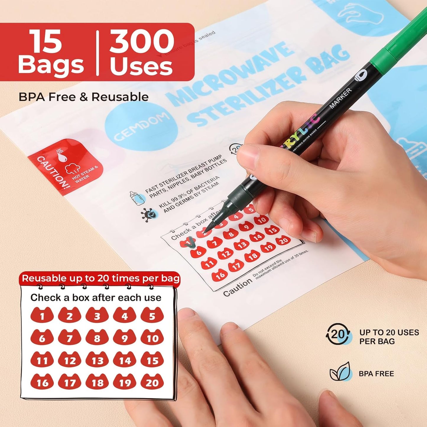 15 Pack Microwave Steam Sterilizer Bags Plus, Large Size for Baby Bottles Soothers, Teethers, Breast Pump Parts, Training Cups and Accessories, 20 Uses Per Bag, Baby Travel Essential