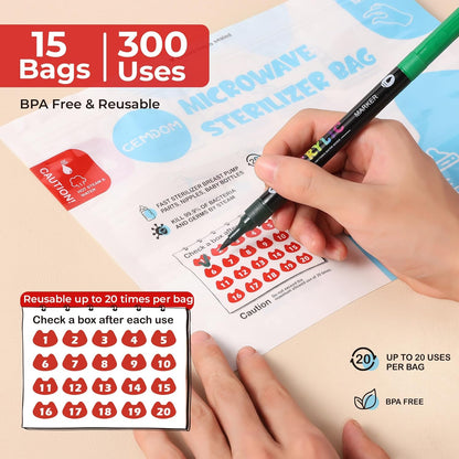 15 Pack Microwave Steam Sterilizer Bags Plus, Large Size for Baby Bottles Soothers, Teethers, Breast Pump Parts, Training Cups and Accessories, 20 Uses Per Bag, Baby Travel Essential