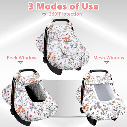 Car Seat Cover Baby Girl, Warm Winter Carseat Cover for Baby, Kick-Proof Infant Car Seat Cover with Peep Window, Windproof & Cozy, Pink Rainbow