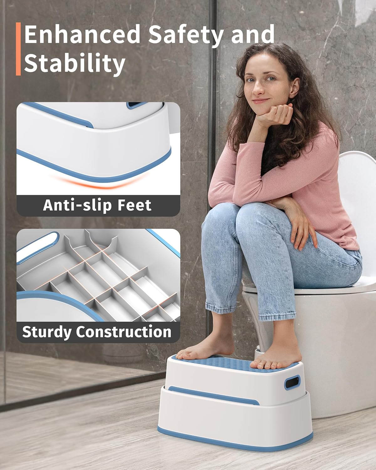 MR.SIGA Toilet Stool Squat Adult, Bathroom Stool Heavy Duty, Anti Slip Toilet Step for Bathroom, Toddler Step Stool for Kids, Off-White & Dark Gray