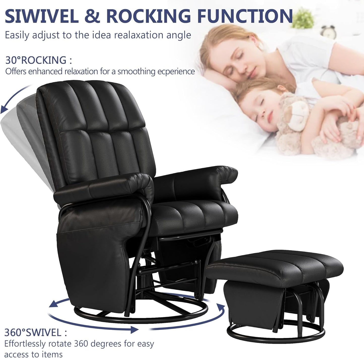 AODAILIHB 360° Swivel Glider Recliner with Ottoman, Nursing Glider Rocking Chair with Foot Rest & 2 Side Pockets for Nursery, Living Room, Bedroom, Office, White