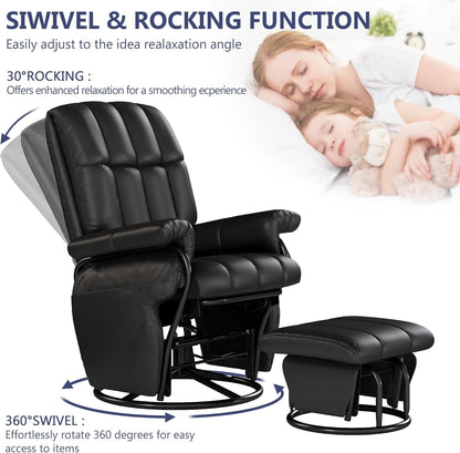 AODAILIHB 360° Swivel Glider Recliner with Ottoman, Nursing Glider Rocking Chair with Foot Rest & 2 Side Pockets for Nursery, Living Room, Bedroom, Office, White