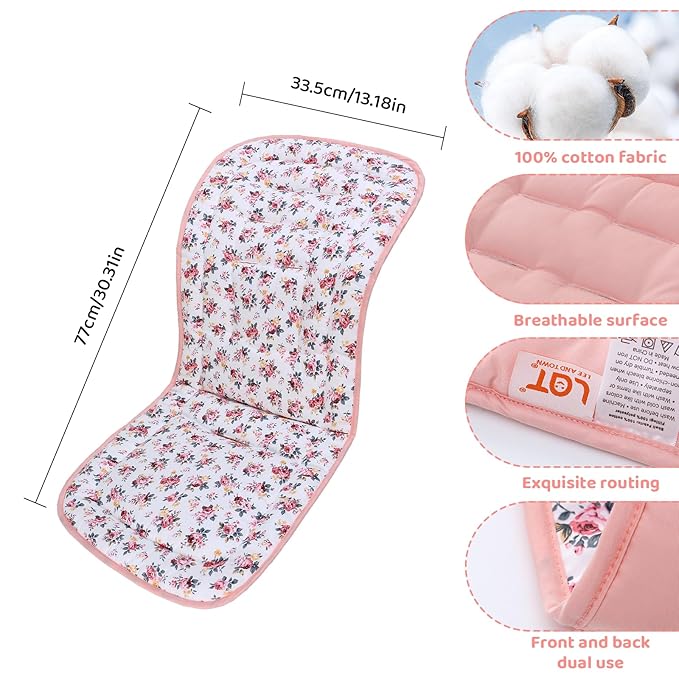 Baby Stroller Cushion,Infant Car Seat Insert-Reversible Universal Breathable and Soft Newborn Stroller Mat,100% Cotton Cover Toddler Seat Pad Liner-34x78cm,1 Pack(Pink Flowers)