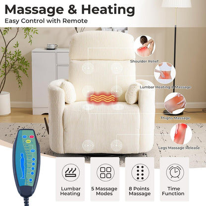 Oversized Swivel Recliner Chair with Massage and Heat, Rocking Chair Nursery with Adjustable Headrest, Rocking Chair Nursery Glider Chairs with 2 Pillows, Glider Rocker Recliner, White