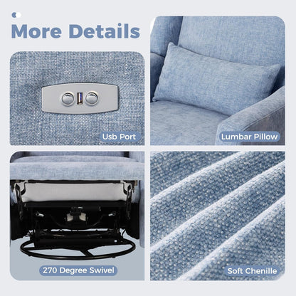 Power Glider Recliner Nursery Chair w/USB Ports, Soft Chenille Glider Rocking Chair with Ottoman, Swivel Glider Chair with Lumbar Pillow for for Nursery, Blue