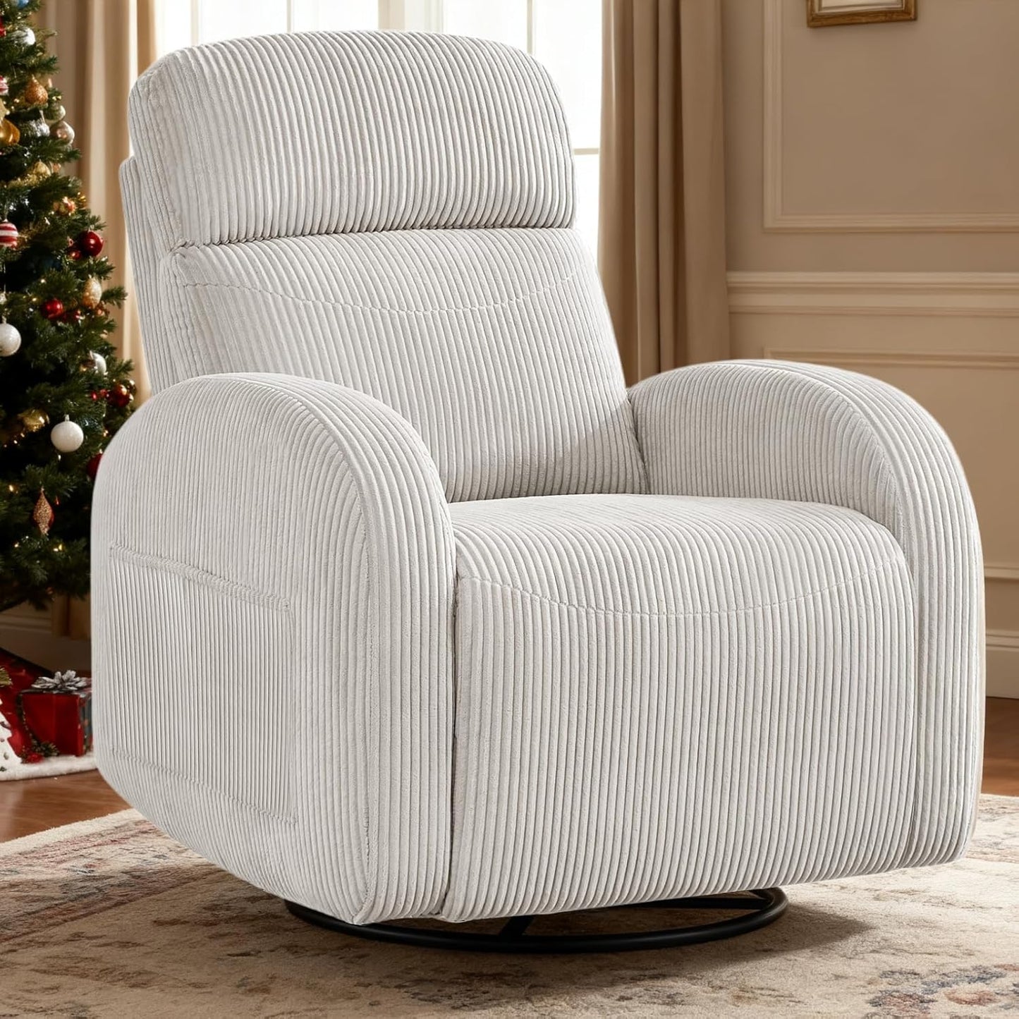 Swivel Rocker Recliner Chair, Rocking Recliner for Nursery with Side Pockets, Manual Swivel Reclining Nursery Glider Chair for Breastfeeding Living Room, Camel Chenille