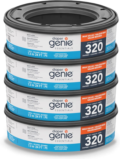 Diaper Genie Essentials Round Refill 8-Pack | Holds Up to 2560 Newborn Diapers | Features Unscented Continuous Film | Compatible with Diaper Genie Complete and Expressions Pails,8 Count (Pack of 1)