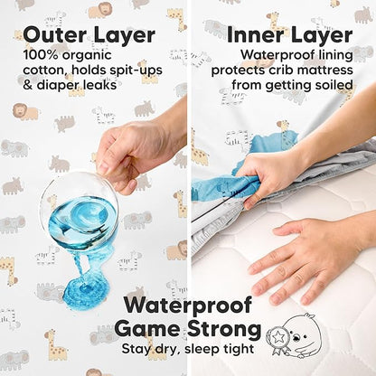 2-Pack Waterproof Crib Sheets for Boys, Girls - 52x28 Fitted Organic Cotton Baby Crib Sheets, Toddler Mattress Protector Cover, Washable, Soft & Durable Baby Bedding Essentials (Mist Rose)