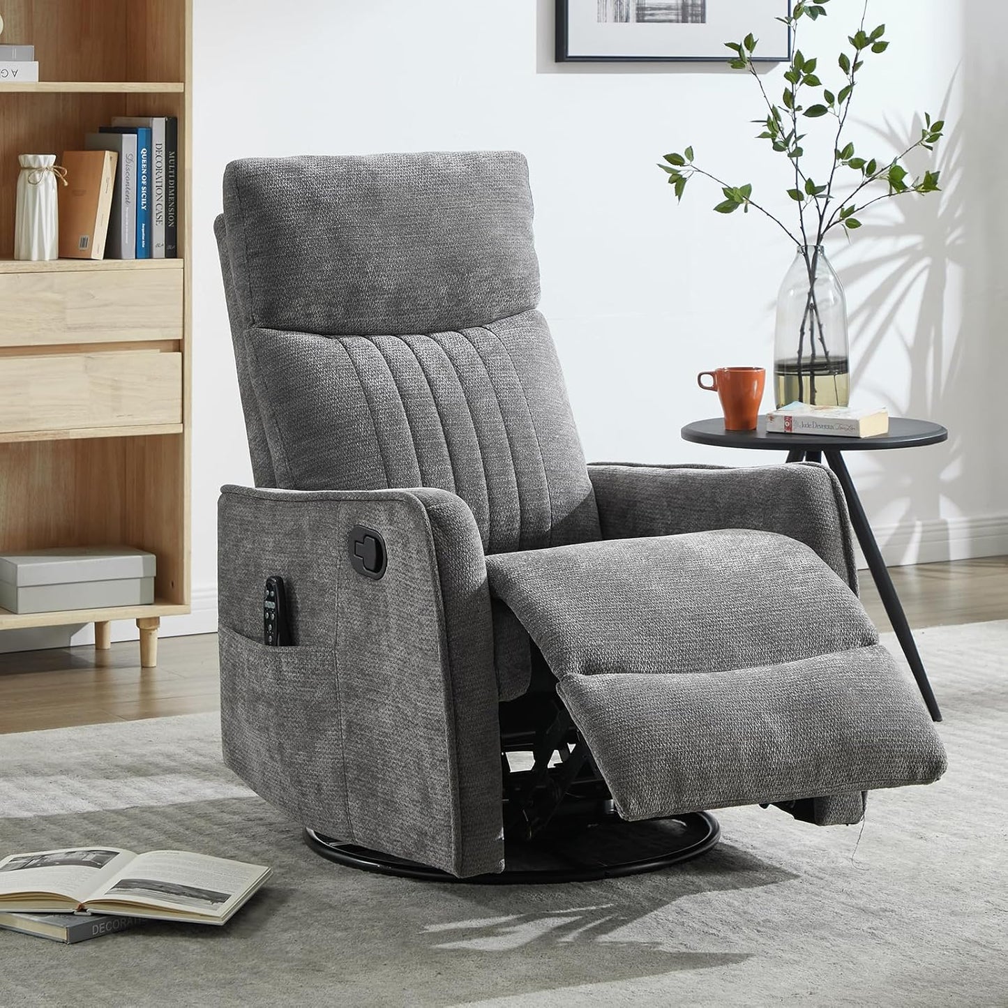 Trustyue Swivel Rocker Recliner Chair, 360° Swivel Recliner with Heat and Massage, Rocker Recliner Nursery Glider Chair with Side Pockets for Living Room (Beige, Fabric)