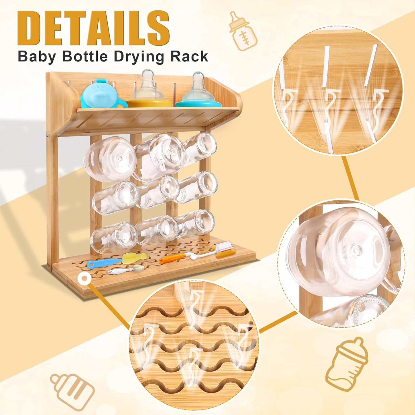 Windspeed Wooden Bottle Drying Rack for Baby Bottle Rack Dryer with Drain Pad, Space Saving for 11 Milk Glass Baby Feeder, Ideal Too for Busy Parents